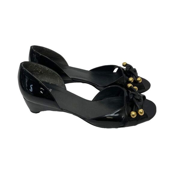 Stuart Weitzman Size 9 Black Patent Leather D'Orsay Peep Toe Cone Heels Sandals - Picture 3 of 10